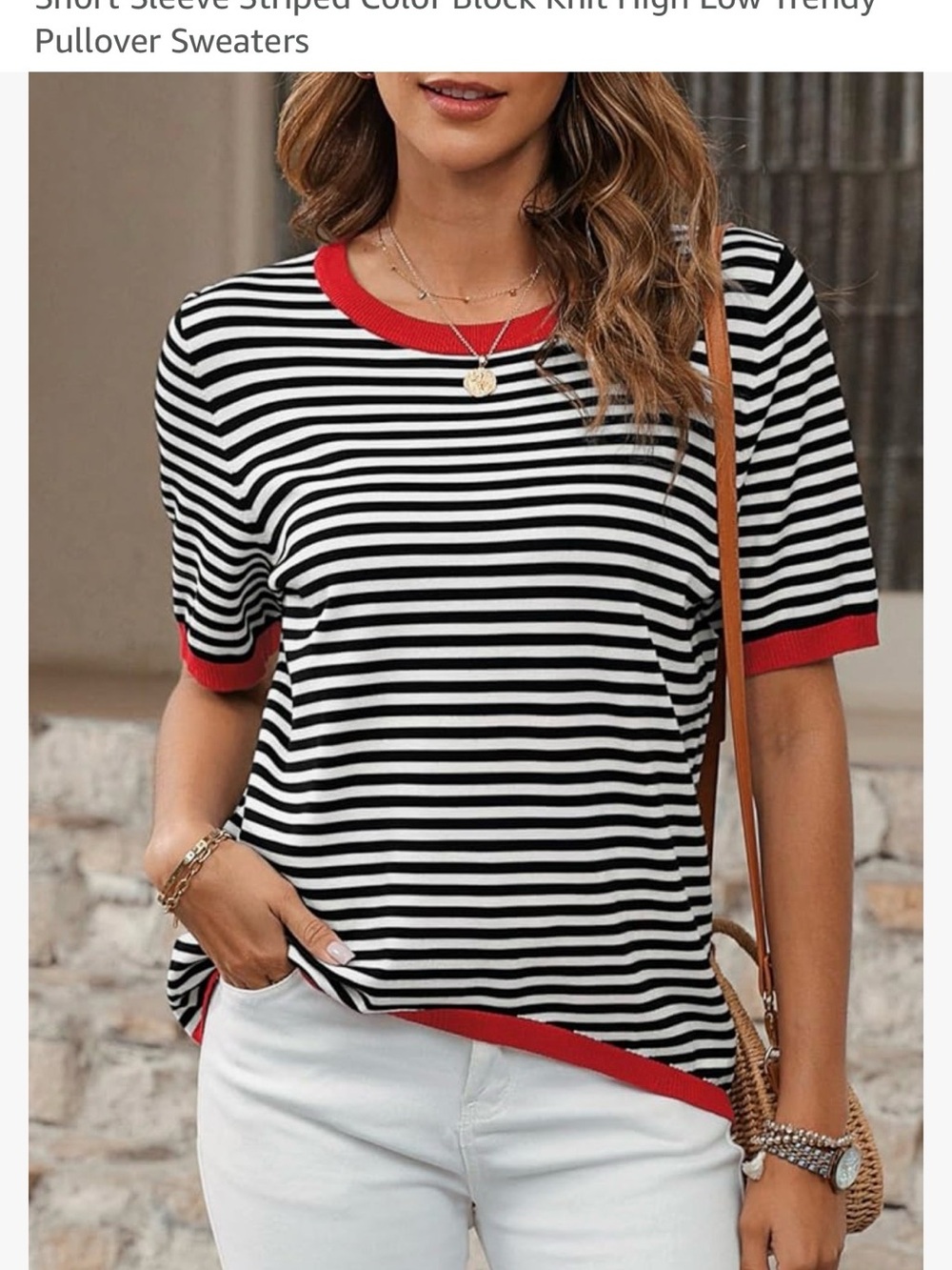 Black & White Striped Short-Sleeve Top with Red Trim